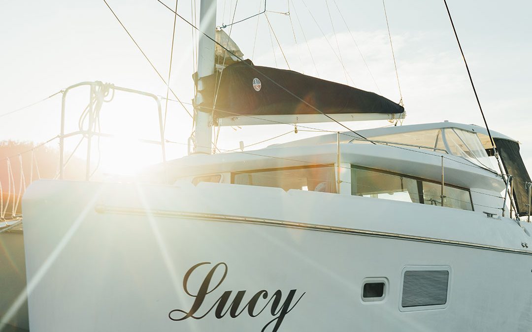 Close up diagonal view of sailing catamaran